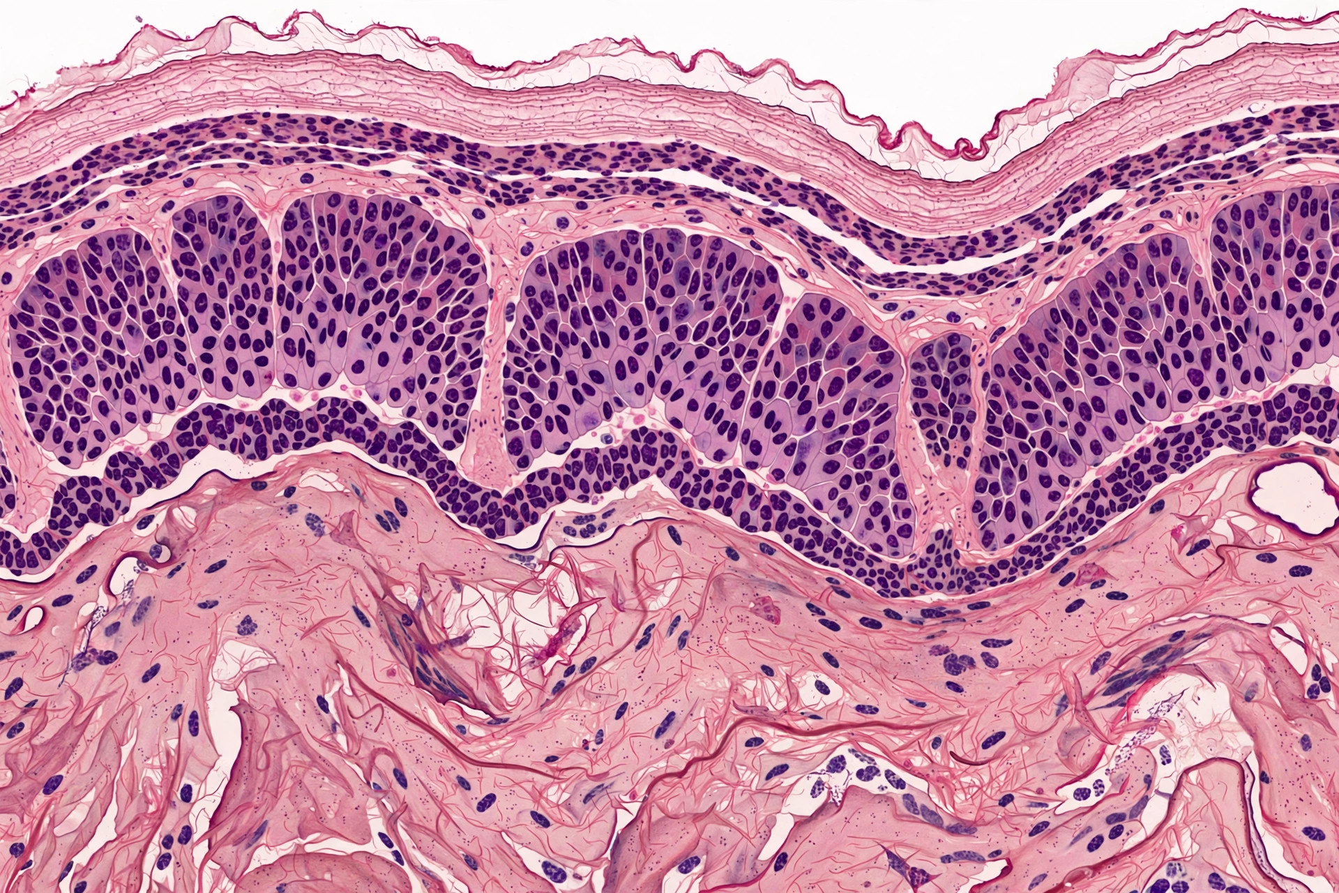 H&E stained section of human epidermis showing distinct skin layers