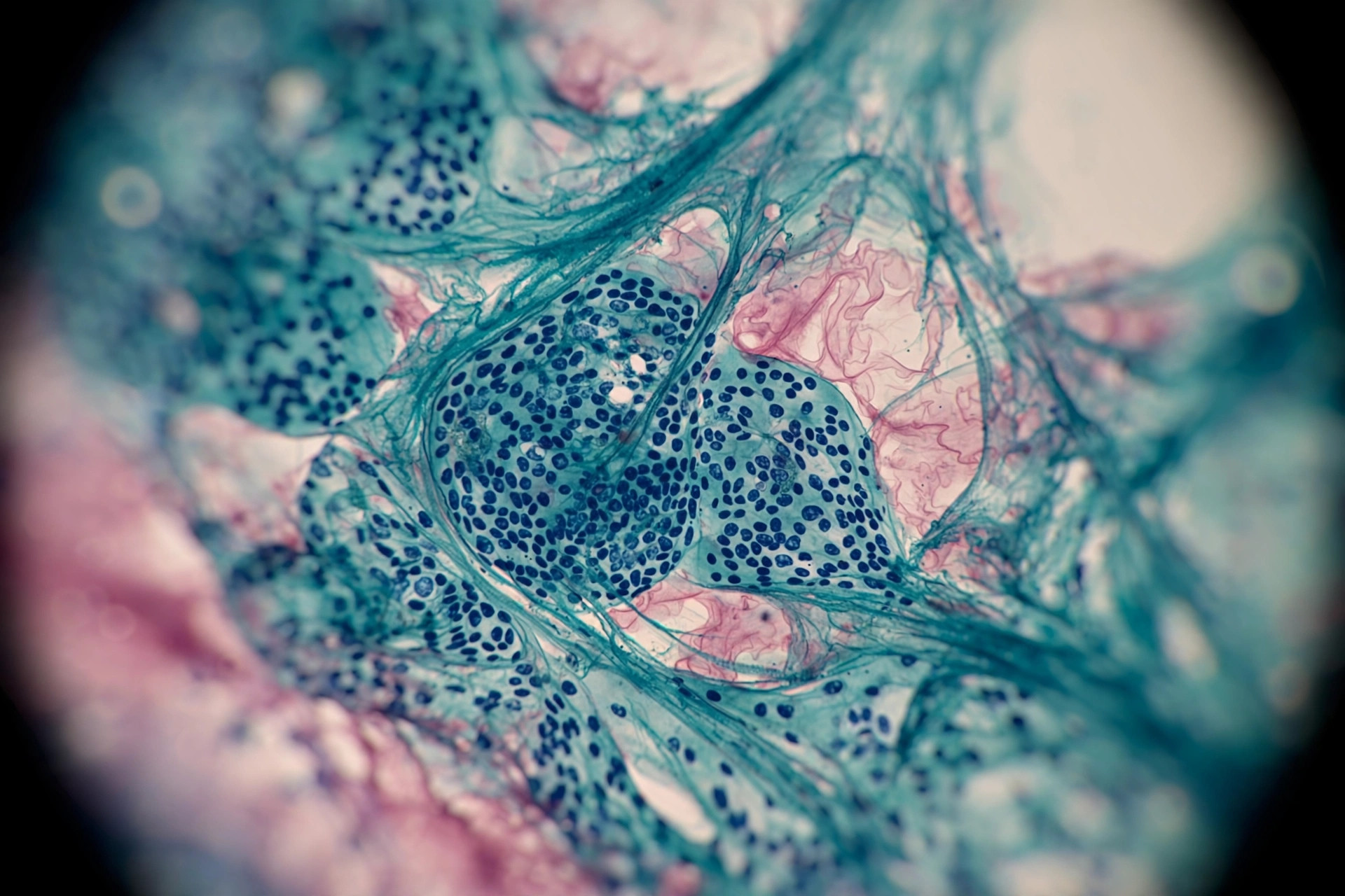 Stained histology slide viewed under a microscope